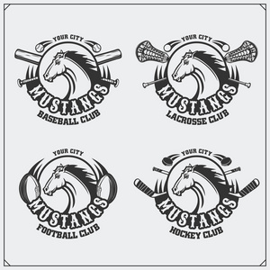 足球 棒球 曲棍球和曲棍球的商标和标签。体育俱乐部标志与马