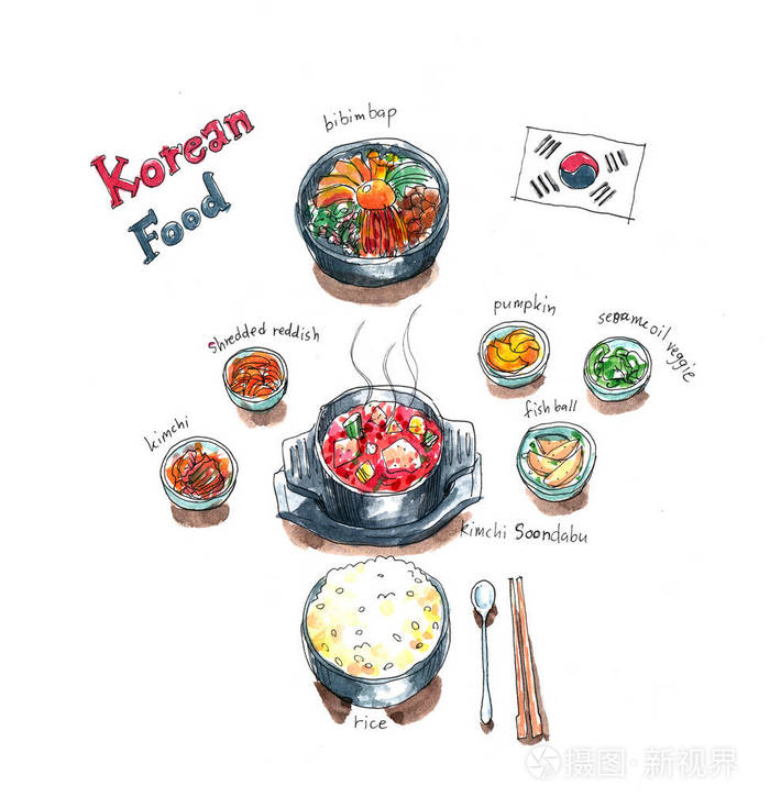 韩国食品设置涂鸦石锅拌饭泡菜汤配菜水彩画