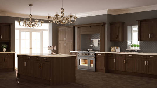 经典的厨房，优雅的室内设计与木详细信息