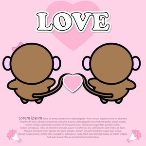 背面的可爱的夫妻可爱的猴子看法与粉红色的心尾在情人节概念