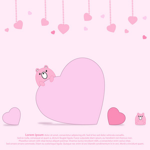 大心和悬着的心，具有粉红色背景的浪漫和情人节概念背后的可爱熊