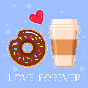 矢量图的甜甜圈巧克力釉 咖啡杯 红色的心与文本永远爱在蓝色背景