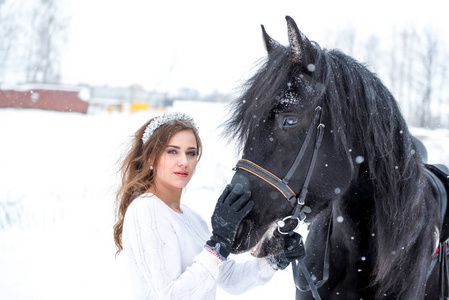一个漂亮的女孩和一个英俊的种马，有一匹马的画像