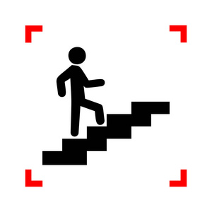在楼梯上走的人。在焦点上白色 bac 的角落里的黑色图标