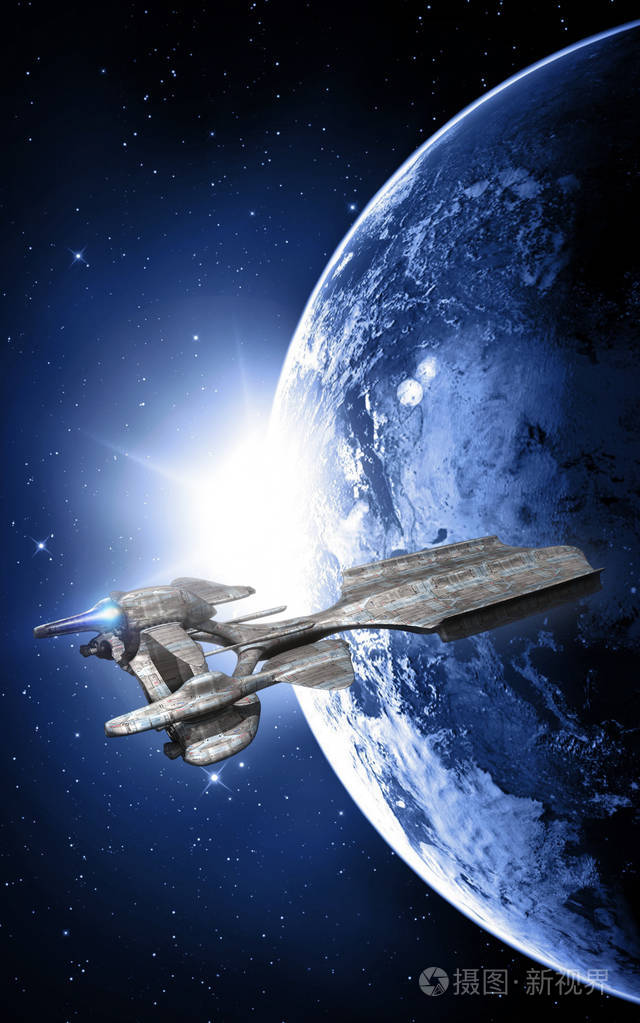宇宙飞船和日落在空间