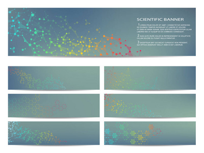 现代科学横幅的设置。分子结构 Dna 和神经元。抽象背景。医学 科学 技术 业务 网站模板。可缩放矢量图形