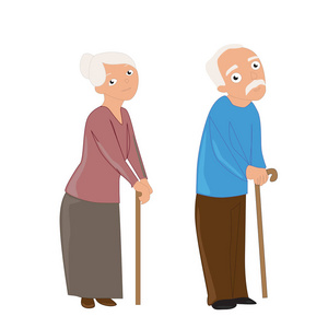 概念图与老年夫妇站。年纪大的男人和一个女人用一根棍子站