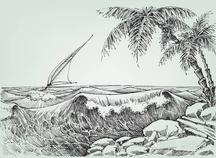 海浪从海滩手绘