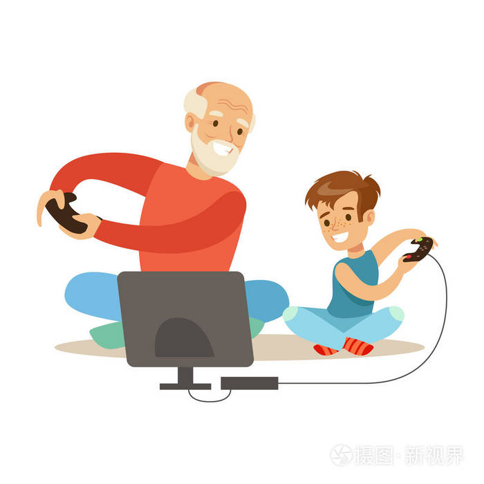 爷爷和小男孩玩视频游戏,祖父母与孙子系列乐趣的一部分