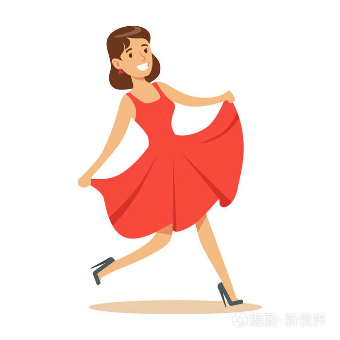 花式穿红裙子的女人沉浸在幸福和快乐欣喜若狂,快乐微笑的卡通人物