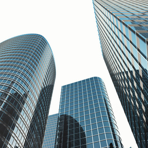 现代高层高玻璃反光的摩天大楼在市中心城区。业务建设和房地产金融的概念。3d 渲染