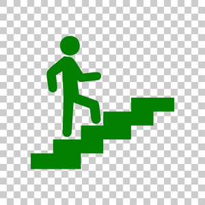 在楼梯上走的人。在透明背景上的暗绿色图标