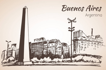 布宜诺斯艾利斯方尖碑的城市风光。阿根廷。素描
