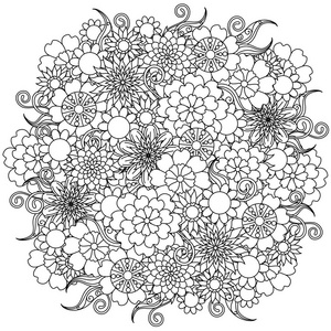 黑色和白色的花背景，程式化的花为抗应力彩页，股票矢量插画素描