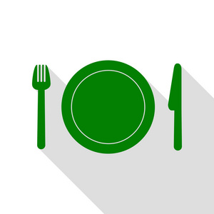 叉 板和刀。绿色图标，带平面样式阴影路径