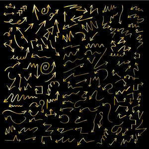 金手绘箭头集集合的黑色方向铅笔素描符号，矢量图平面设计