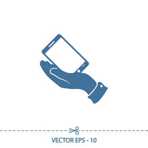 在手中的智能手机图标，矢量图。平面设计风格