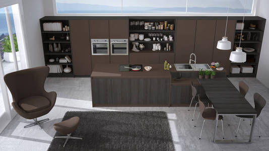 现代的灰色和棕色厨房木制的细节，大窗户无线