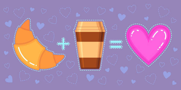 羊角面包 咖啡杯和紫罗兰色背景上的粉红色心搞笑矢量图