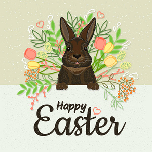 老式复活节快乐贺卡自然兔子和鲜花。手绘矢量图和元素组成