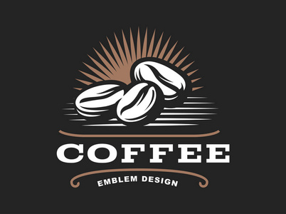 咖啡粒标志矢量插图，在黑色背景上的标志