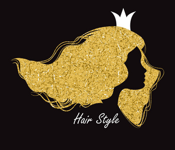 剪影头，金色的头发和皇冠。矢量图的女人美容美发