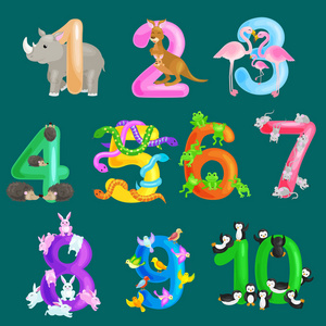 序数为教孩子们数与金额动物 abc 字母幼儿园书或小学海报集合矢量图的计算能力的集合