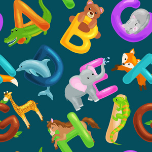 组的孩子鱼字母，卡通有趣的动物字母 abc 教育学习英语语言，无缝模式矢量插画的可爱的学龄前儿童动物园集合中