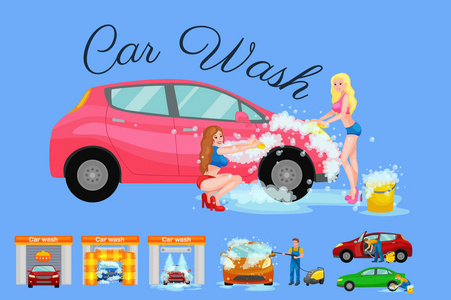 非接触式汽车清洗服务，比基尼女模特清洗用肥皂和水，车辆内部的真空吸尘器，自动分离干燥汽车矢量图的人