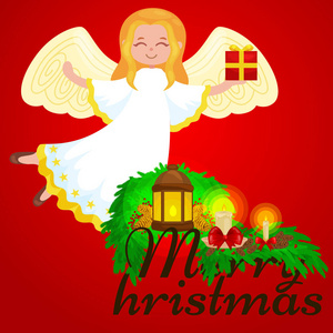 圣诞假期飞行天使的翅膀和礼品盒像基督教的宗教或新年矢量图中的符号