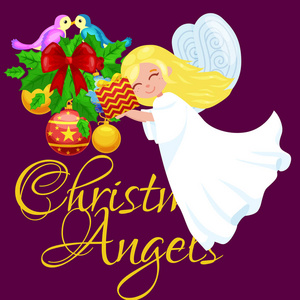 圣诞假期飞行天使的翅膀和礼品盒像基督教的宗教或新年矢量图中的符号