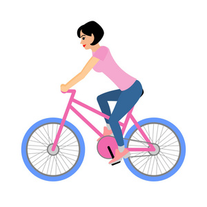 骑单车的女子骑着一辆自行车。孤立在白色背景上的矢量图