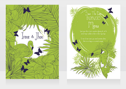 婚礼卡片与热带鸟类 蝴蝶和棕榈叶
