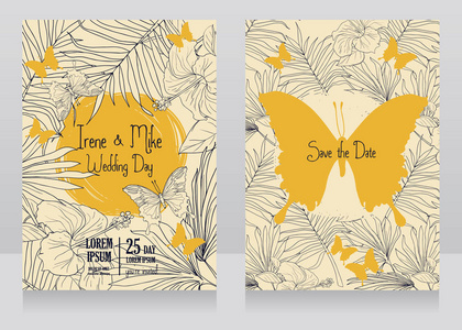 婚礼卡片与热带花卉，蝴蝶和棕榈叶
