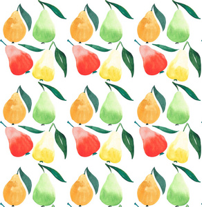明亮美丽的夏天成熟多汁梨橙绿色红色和黄色颜色，绿色的树叶图案水彩手绘