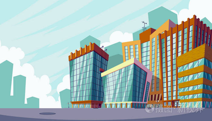 矢量卡通插画的大型现代建筑与城市景观