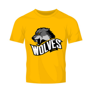 愤怒的狼运动矢量标志概念上黄色 t 恤样机孤立