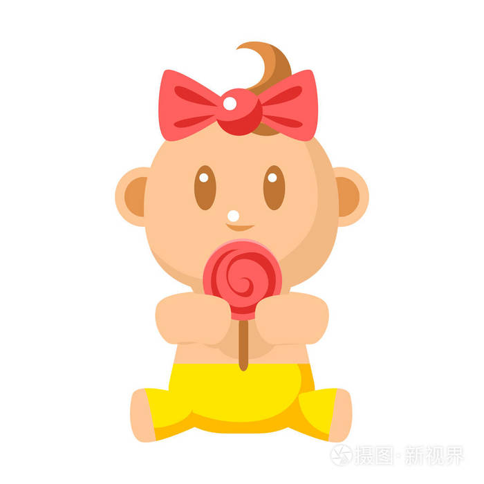 小开心宝贝女孩穿着黄裤子吃棒棒糖矢量简单插图可爱的婴儿