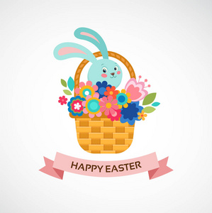 快乐复活节贺卡，篮子鲜花和鸡蛋 海报 火炉 插图
