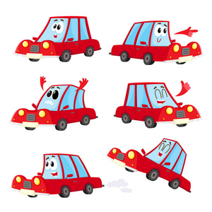 可爱又搞笑的红色汽车，汽车的字符显示不同的情感