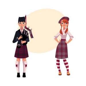 风笛 吹笛者和苏格兰民族服饰 贝雷帽 短裙的女孩