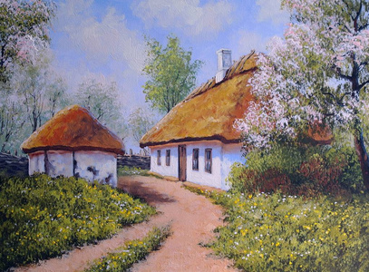 油画风景 乌克兰村庄 弹簧