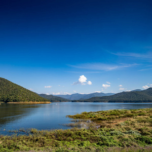 湖山和蓝色天空背景