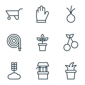 9 农业图标集。包括花盆 水源 保护手套和其他符号。漂亮的设计元素