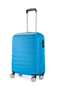 蓝色旅行箱，隔离在白色背景上。