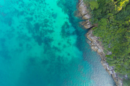 大海与棕榈取自无人机的热带海滩。塞舌尔群岛著名鲨鱼海滩空中照片增强颜色处理