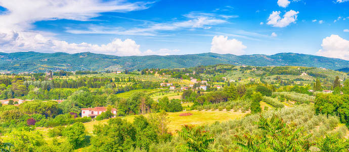 春季农村在托斯卡纳，全景视图