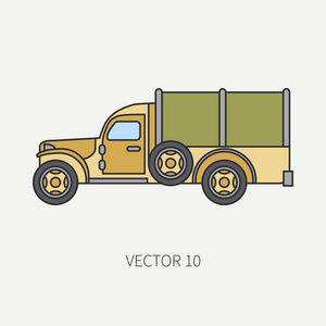 线平颜色矢量图标篷布货车辆军用卡车。军用车辆。卡通的复古风格。货物和士兵的运输。拖拉机机组。丝束。简单。插图和为您的设计元素