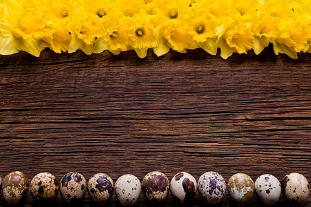 复活节彩蛋与水仙花的木制背景