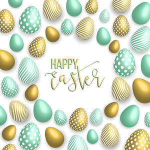 快乐的复活节模板金色彩带和鸡蛋 框架 绿色背景与金五彩纸屑。矢量图